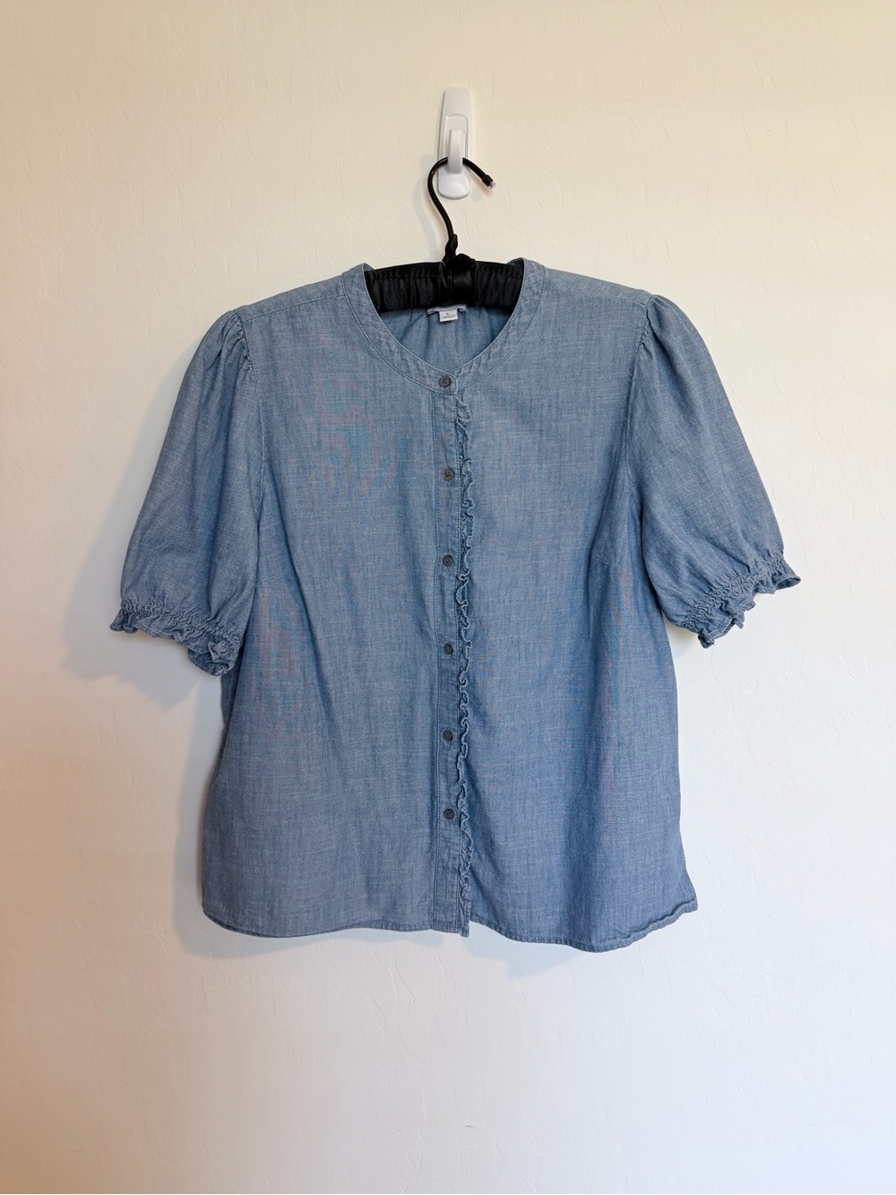 J. Crew 100% Cotton Light Blue Chambray Puff Sleeve Button-Up Blouse